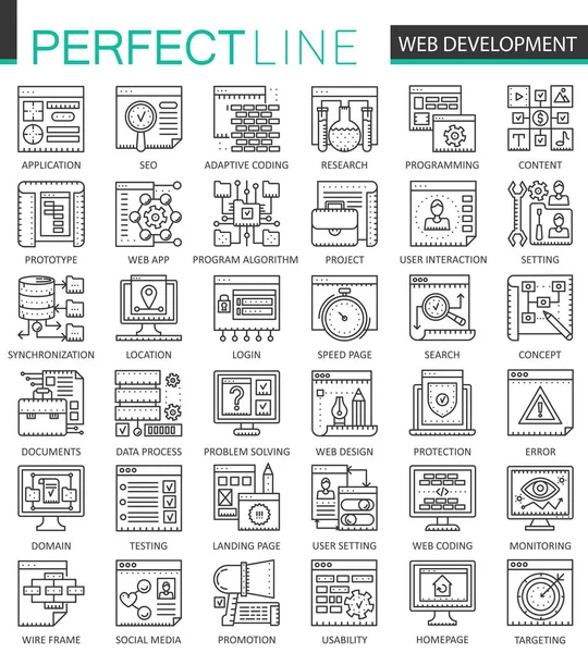 Símbolos de conceito de esboço de desenvolvimento web. Ícones de linha fina perfeitos. SEO Moderno estilo linear curso ilustrações conjunto . —  Vetores de Stock