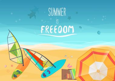 Yukarıdan windsurfs ve kumlu sahil plaj şemsiyesi. Vektör çizim Üstten Görünüm.