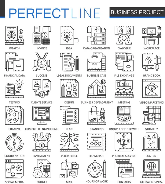 Business project concept overzichtsknoppen. Strategie beheer perfecte dunne lijn pictogrammen. Modern lijn lineaire stijl illustraties instellen. — Stockvector