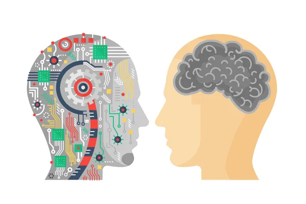 Ilustración vectorial de la cabeza de maquinaria de cyborg y la humana con el cerebro . — Vector de stock