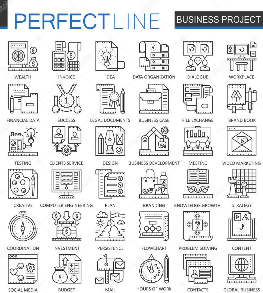 Business project outline concept symbols. Strategy management perfect thin line icons. Modern stroke linear style illustrations set.