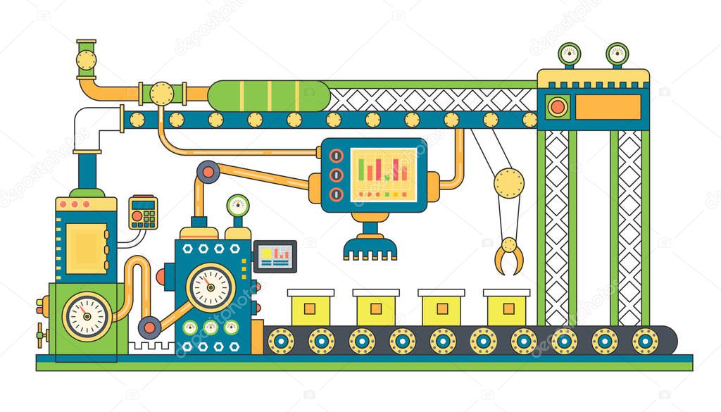 Industrial conveyor belt line flat vector illustration. Conveyor process abstract machine production.