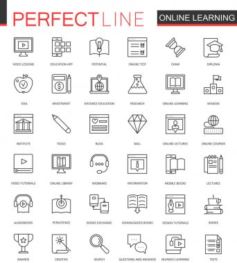 Online Eğitim ince çizgi web simgeler kümesi. Bilgi anahattı kontur simgeleri tasarım.
