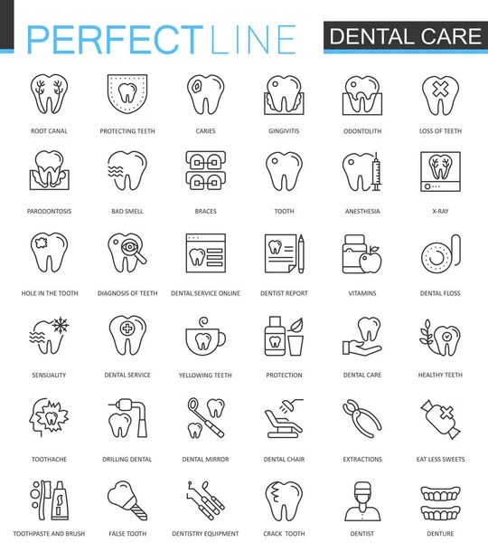 치과 치료 선 웹 아이콘 설정합니다. 개요 스트로크 아이콘 디자인. — 스톡 벡터