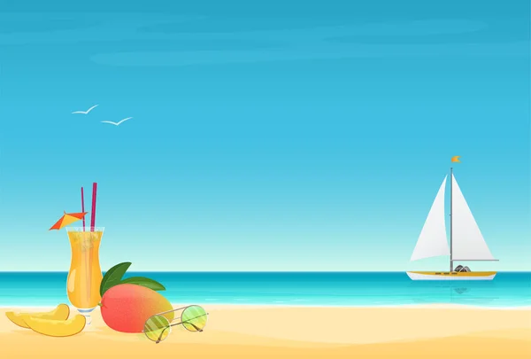 Fruta de manga Cocktail na areia Praia Fundo com iate. ilustração do vetor de cartaz de verão . —  Vetores de Stock