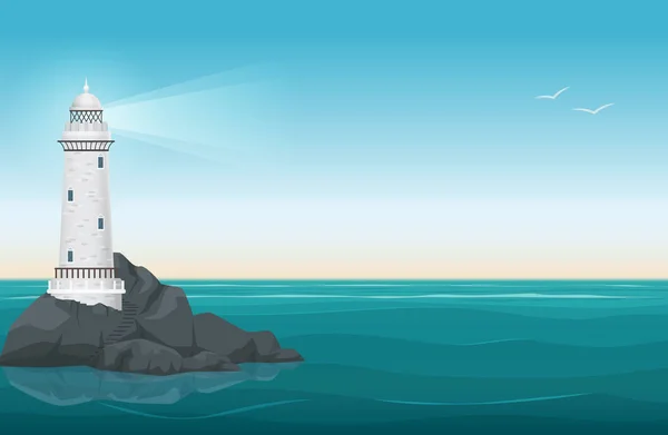 Faro sobre piedras rocosas isla paisaje. Navegación Edificio de balizas en el océano. Ilustración vectorial . — Vector de stock