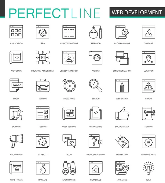 Web desenvolvimento conjunto de ícones web linha fina. SEO Compras online Desenho de ícones de traçado . —  Vetores de Stock