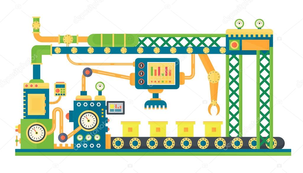 Automatic stock line robots technology industrial machine. Vector illustration.