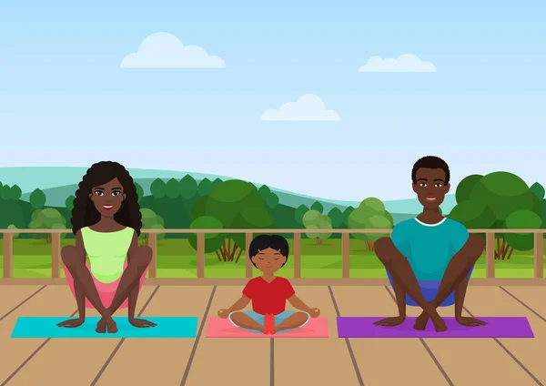 Ilustración vectorial de la familia afroamericana meditando sobre el fondo del campo de la naturaleza . — Vector de stock