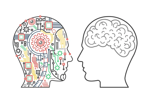 Illustrazione vettoriale della testa del macchinario del cyborg e di quella umana con il cervello . — Vettoriale Stock