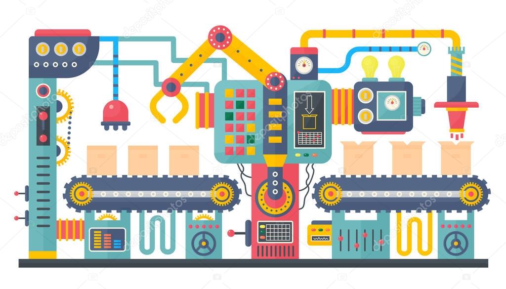 Flat color industrial manufacture conveyor machine vector illustration. Business product process production process concept.