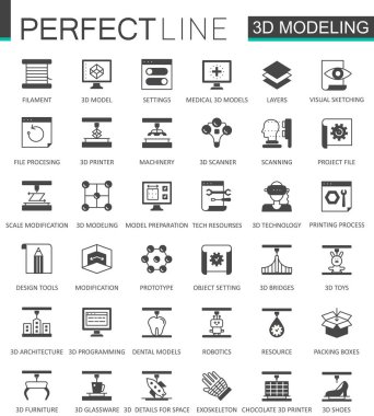 Siyah klasik 3d modelleme ve web simgeler kümesi yazdırma.