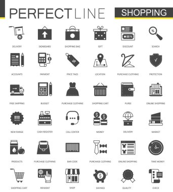 Siyah klasik alışveriş e-ticaret web Icons set.