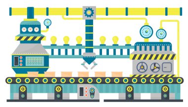 Fabrika konveyör sanayi satır karton kutu ambalaj. Robot Konveyör bant sistemi, endüstriyel makine, üretim hattı, kavram mühendislik. Düz tasarlamak vektör.