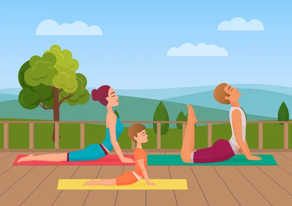 Los padres con niña niño hace yoga varios ejercicios. Ilustración del vector yoga familiar . — Vector de stock