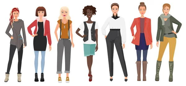 Mulher bonita em conjunto de roupas de moda. Desenhos animados meninas personagens senhora. Ilustração vetorial . — Vetor de Stock