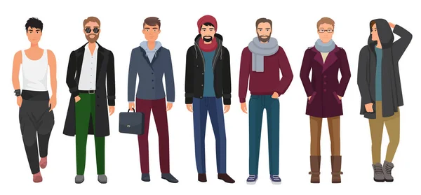 Hermoso y elegante conjunto de hombres. Dibujos animados chicos personajes masculinos en ropa de moda. Ilustración vectorial . — Archivo Imágenes Vectoriales