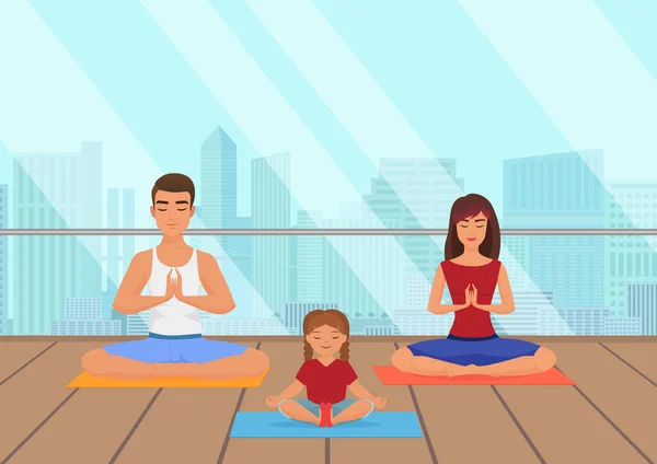 Parents with kid does yoga various exercises. Family yoga vector illustration. — Stock Illustration Parents with kid does yoga various exercises. Family yoga vector illustration. Stock Vector