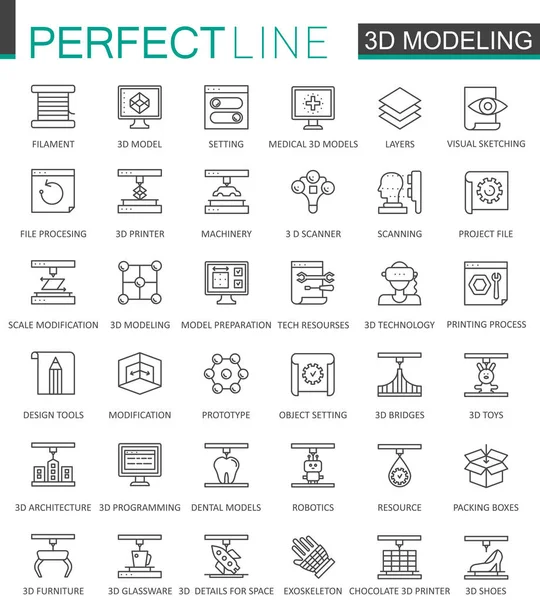 3d modelado e impresión de línea delgada conjunto de iconos web. Diseño de iconos de trazo de contorno . — Archivo Imágenes Vectoriales