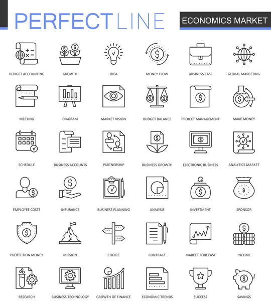 Mercado de economia linha fina conjunto de ícones web. Desenho de ícones de curso esboço . — Vetor de Stock