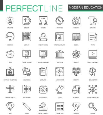 Modern eğitim ince çizgi web simgeler kümesi. Online video eğitim anahattı kontur simgeleri tasarım.