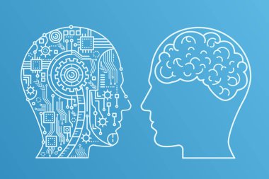 Kontur makine kafa robot ve insan bir beyin ile anahat. Çizgi stili vektör çizim.