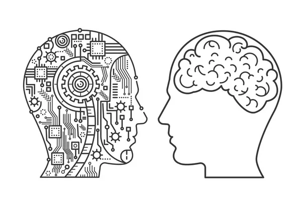 Outline ictus Macchina testa di cyborg e quella umana con il cervello. Illustrazione vettoriale stile linea . — Vettoriale Stock