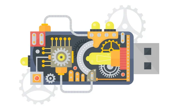 Steampunk vintage USB flash drive with different small gears and lamps inside. Vector illustration — Stock Vector
