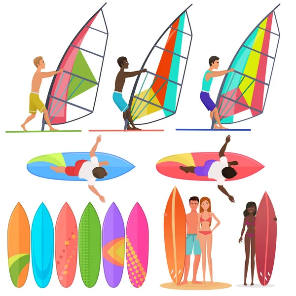 Coleção de surfistas. pranchas de surf, vista superior e frontal de andar sobre as ondas. Casal de surf ilustração vetorial . — Vetor de Stock