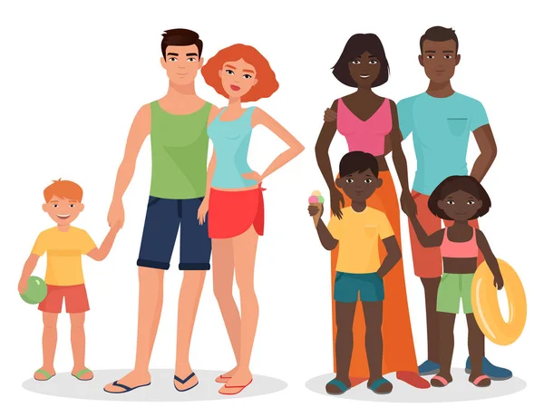 Familia negra blanca y africana en vacaciones de verano o en escapada de fin de semana . — Vector de stock