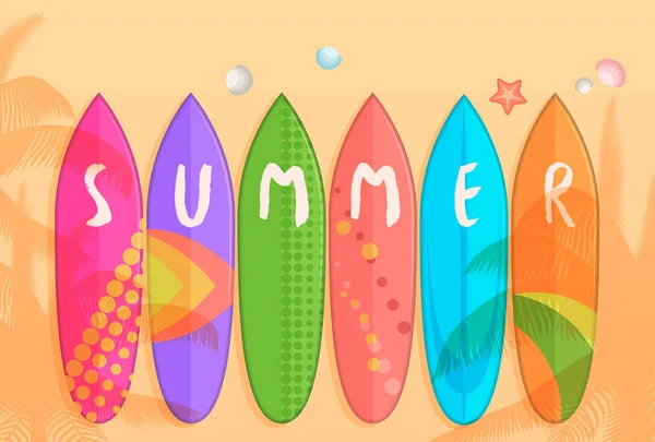 Set de tablas de surf vectorial aislado sobre fondo de playa de arena. Ilustración vectorial. Cartel de verano . — Vector de stock