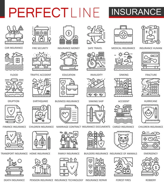 Símbolos do conceito do esboço do seguro. Saúde e cuidados de vida ícones linha fina perfeita. Conjunto de ilustrações de estilo linear de curso moderno . —  Vetores de Stock