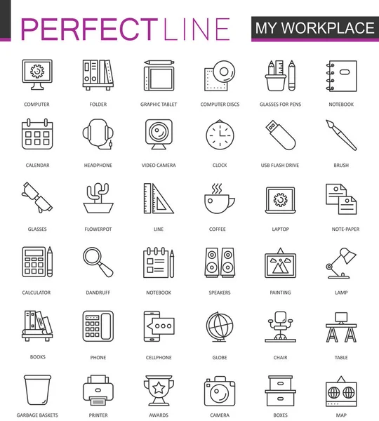 Conjunto de iconos web de línea delgada de espacio de trabajo de oficina. Diseño de iconos de trazo de contorno . — Vector de stock