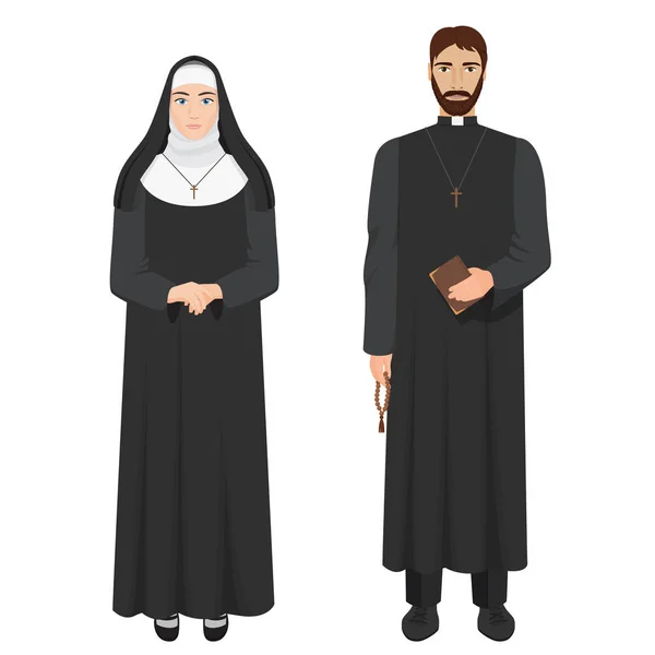 Catholic priest and nun. Realistic vector illustration. — Stock Vector