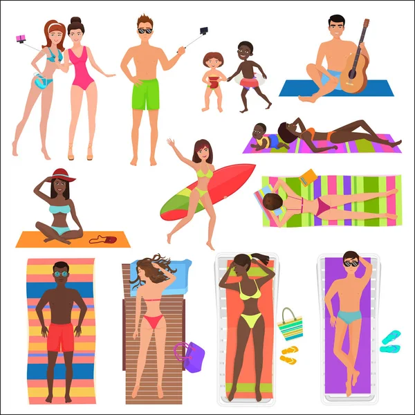 Persone in vacanza attiva sport collezione spiaggia. Vacanze estive divertenti e attività sulla spiaggia dell'oceano e relax . — Vettoriale Stock