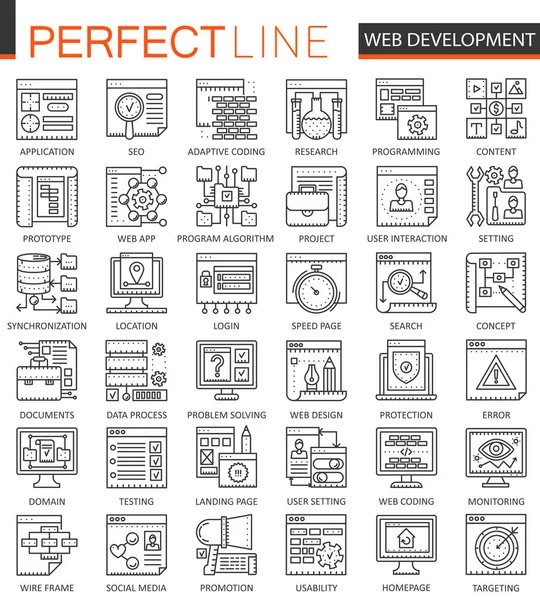 SEO y desarrollo esbozan símbolos conceptuales. Iconos de línea delgada perfecta. Juego de ilustraciones de estilo lineal de trazo moderno . — Vector de stock