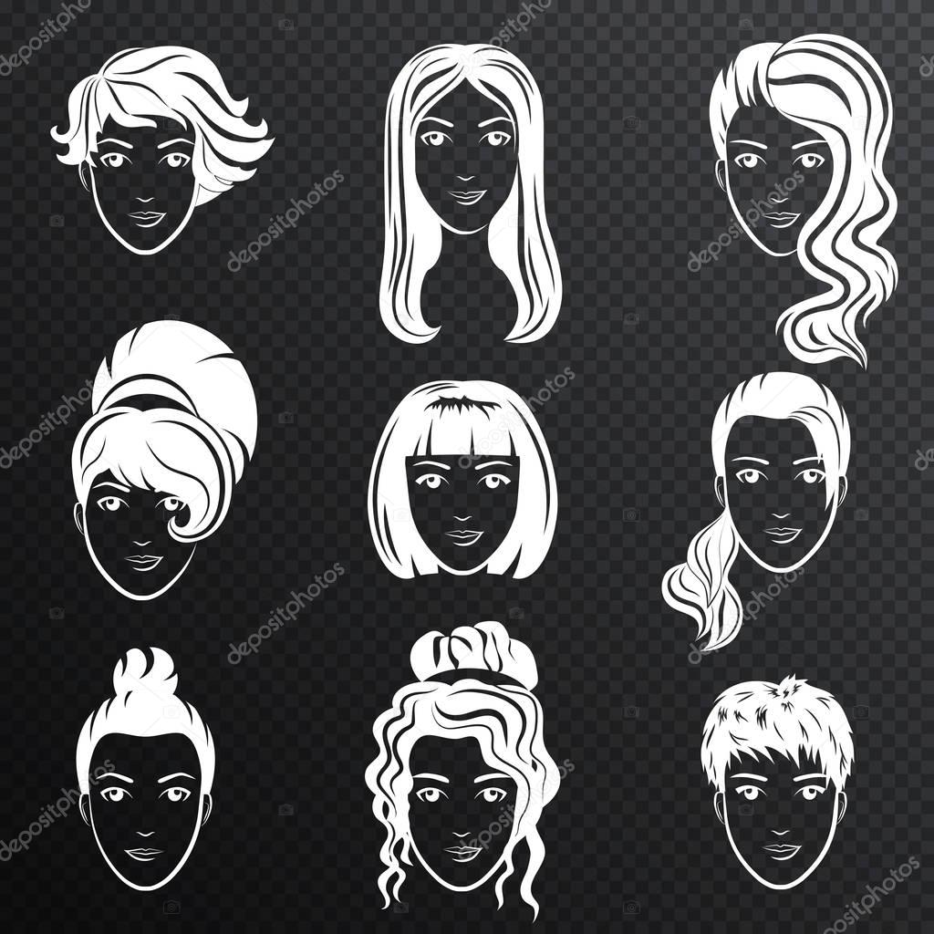 Vector set of white women avatar hairstyles stylized logo set. Female hair style icons emblem on the transperant alpha background.