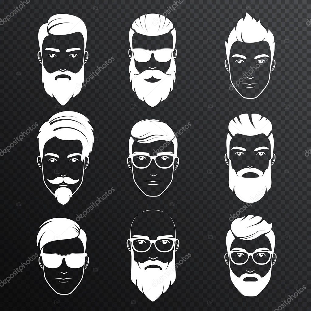 Set of vector bearded hipster men faces on the transperant alpha background. White color haircuts, beards, mustaches set. Handsome man emblems icons.