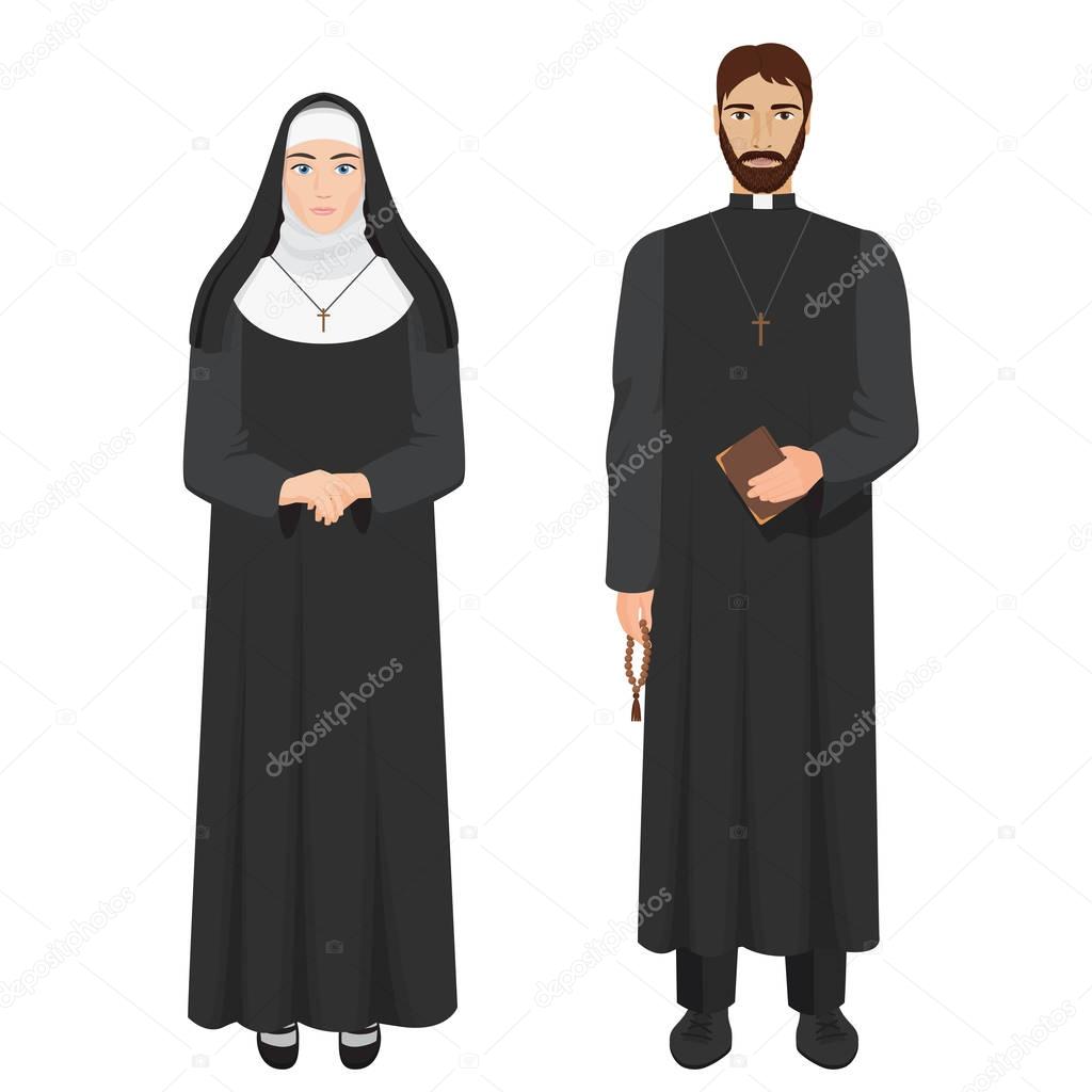 Catholic priest and nun. Realistic vector illustration.