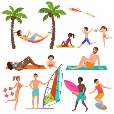 İnsanlar aktif spor tatil plaj koleksiyonu. Yaz eğlenceli tatil ve okyanus plaj aktivitesi ve rahatlatıcı.