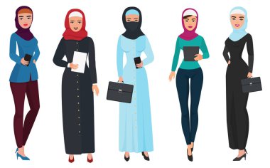 Türban ile iş Arap kadın karakter kümesi. Müslüman kadın insanlar illüstrasyon vektör.
