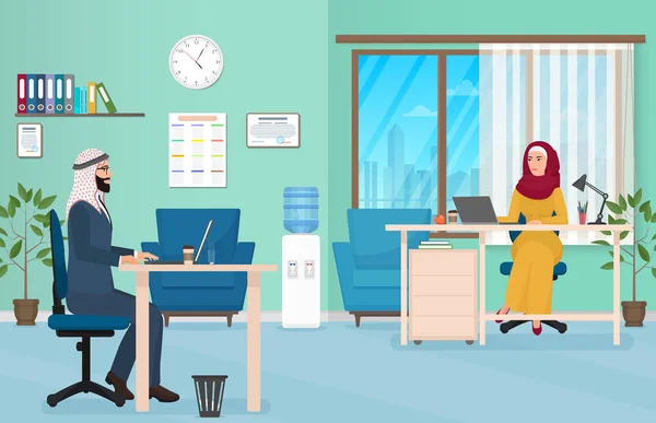Ofiste Arap iş adamları. Belgili tanımlık laptop üzerinde Müslüman Arapça erkek ve kadın çalışıyor. Vektör çizim. — Stok Vektör