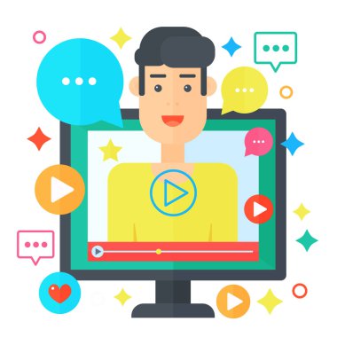 Blogger video kavramı. Adam blogger ile bilgisayar ekranı. Kişisel kanal yayın düz vektör çizim.