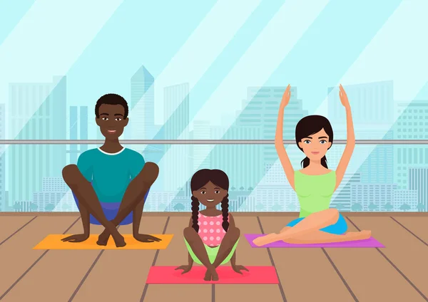 Ilustración vectorial de la familia multiétnica meditando en la sala de fitness en el fondo de la ciudad . — Vector de stock