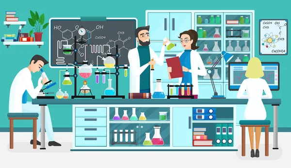 Εργαστηριακών βοηθών άτομα εργάζονται στην επιστημονική ιατρική βιολογικό εργαστήριο. Πειράματα χημείας. Καρτούν εικονογράφηση φορέα. — Διανυσματικό Αρχείο