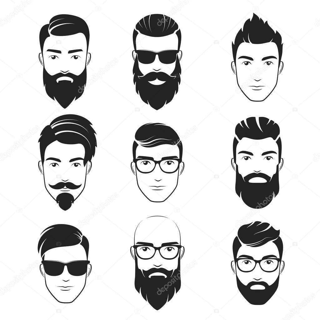 Set of vector bearded hipster men faces. Haircuts, beards, mustaches set. Handsome man emblems icons.