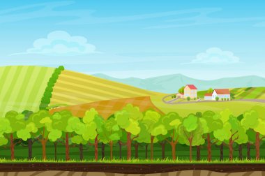 Kesintisiz çizgi film manzara orman ahşap, dağlar ve tepeler çiftlik köy evleri ile. Yatay oyun için.