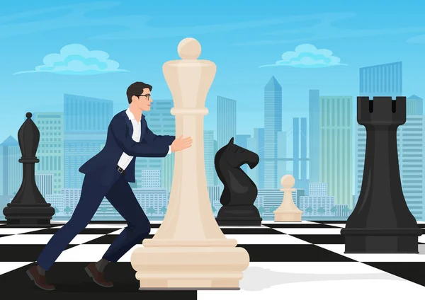 Businessman on the chess board. Man chess player moving figure on chessboard with the modern city background. Business strategy concept. — Stock Vector