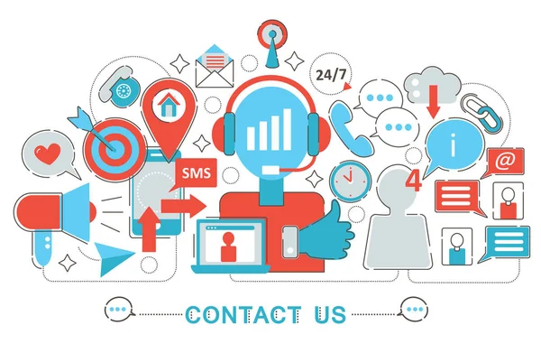 Modern ince çizgili Tema iletişim bize destek kavramı web banner Web sitesi, sunum, el ilanı ve poster için düz.