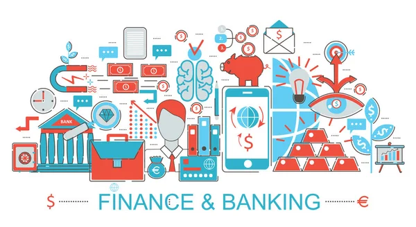 Modern lapos, vékony vonalas téma pénzügyi és banki koncepció web banner honlap, prezentáció, szórólap és plakát. — Stock Vector